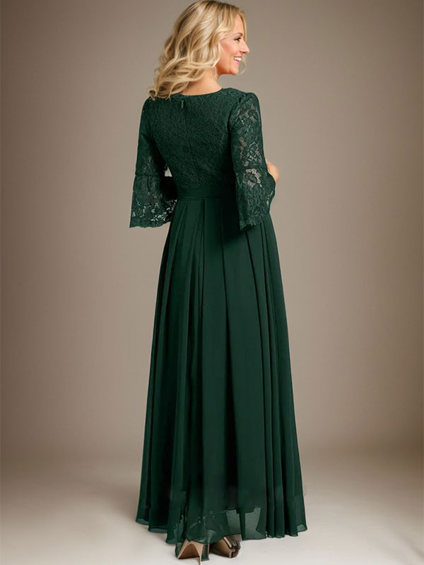 A-Linie U-Ausschnitt Knöchellang Spitzen Chiffon Kleid für die Brautmutter mit Schleife