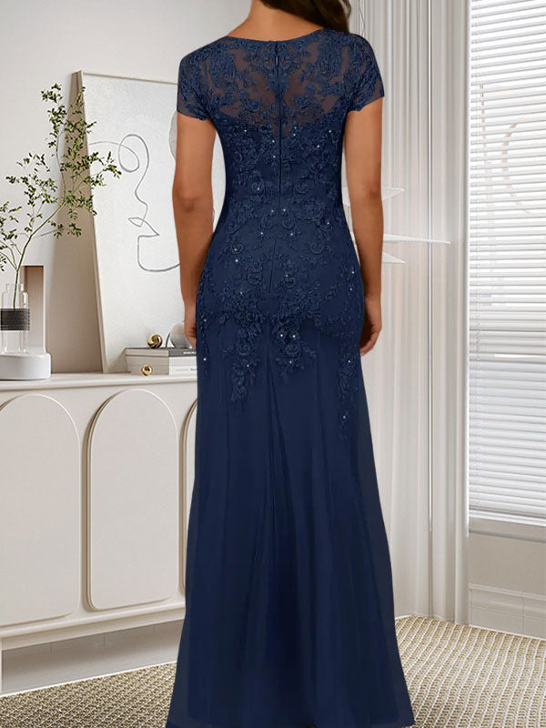Vestido de tul con lentejuelas y escote redondo de sirena en azul marino oscuro