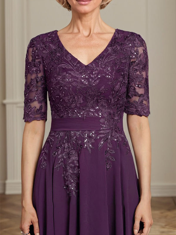 Vestido de gasa con encaje y lentejuelas para madre de la novia, corte A, escote en V y largo hasta la rodilla
