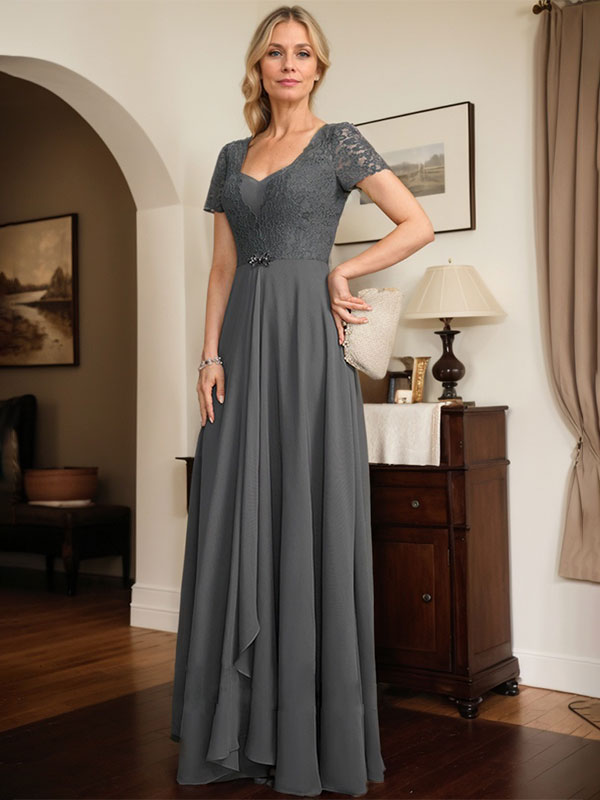 Vestido de madre de la novia de gasa con encaje, corte en A, escote corazón, largo hasta el suelo, con volantes en cascada y cuentas