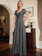 Vestido de madre de la novia de gasa con encaje, corte en A, escote corazón, largo hasta el suelo, con volantes en cascada y cuentas
