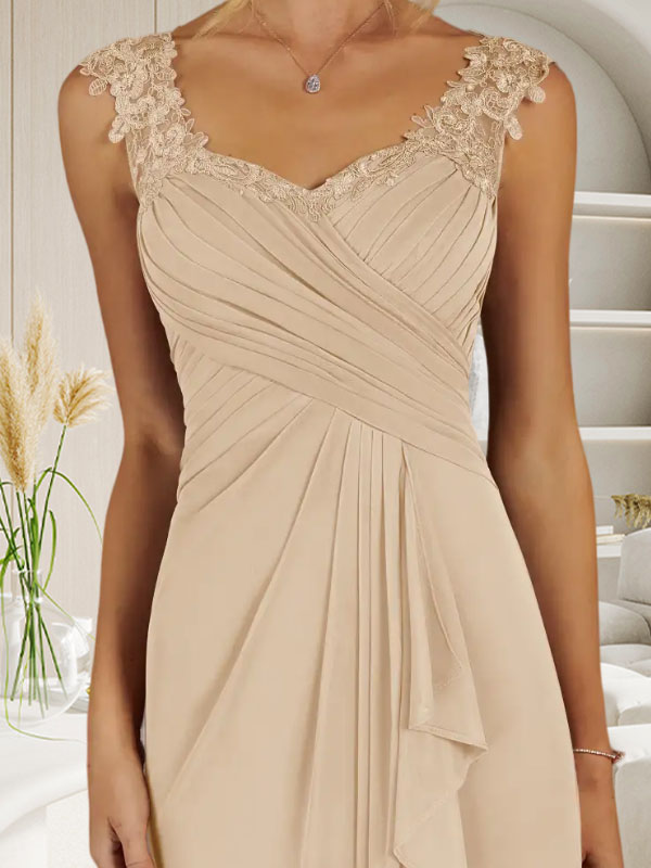 Champagnerfarbenes A-Linien-Kleid mit herzförmigem Ausschnitt und plissiertem Netzstoff
