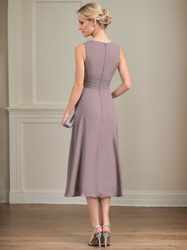 Vestido de gasa para madre de la novia con corte en A, escote redondo y largo hasta la rodilla con pliegues