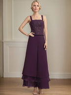 Vestido de madre de la novia de gasa con encaje y lentejuelas, largo hasta los tobillos, con mono/pantalón separado