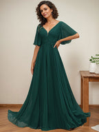 Vestido de gasa para madre de la novia, corte A, escote en V, largo hasta el suelo, con apliques de lentejuelas y encaje plisado