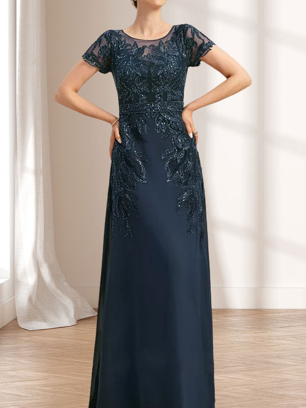 Vestido de madre de la novia de gasa con encaje, escote redondo, ilusión, largo hasta el suelo, con lentejuelas