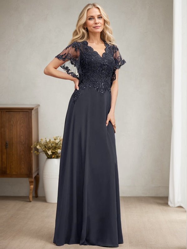 A-Linie V-Ausschnitt Bodenlanges Spitzenchiffonkleid für die Brautmutter mit Pailletten 