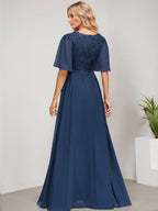 Vestido de madre de la novia de gasa con encaje, escote en V y lentejuelas, largo hasta el suelo