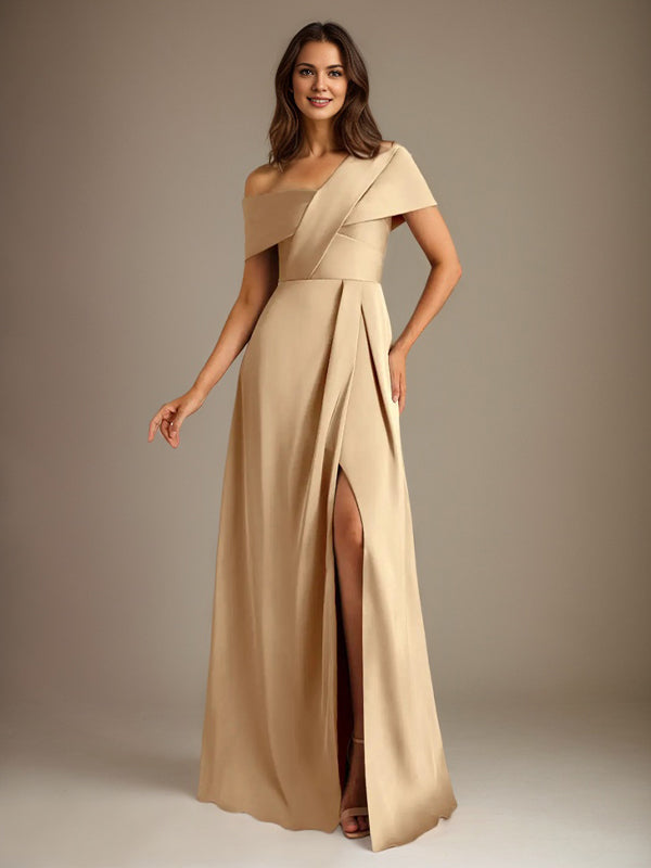 A-Line Asymmetrical Neckline Floor-Length Satin Mother of the Bride Dress With Pleated