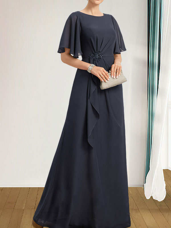Vestido de gasa para madre de la novia, corte A, escote redondo, largo hasta el suelo, con volantes en cascada, cuentas y lentejuelas