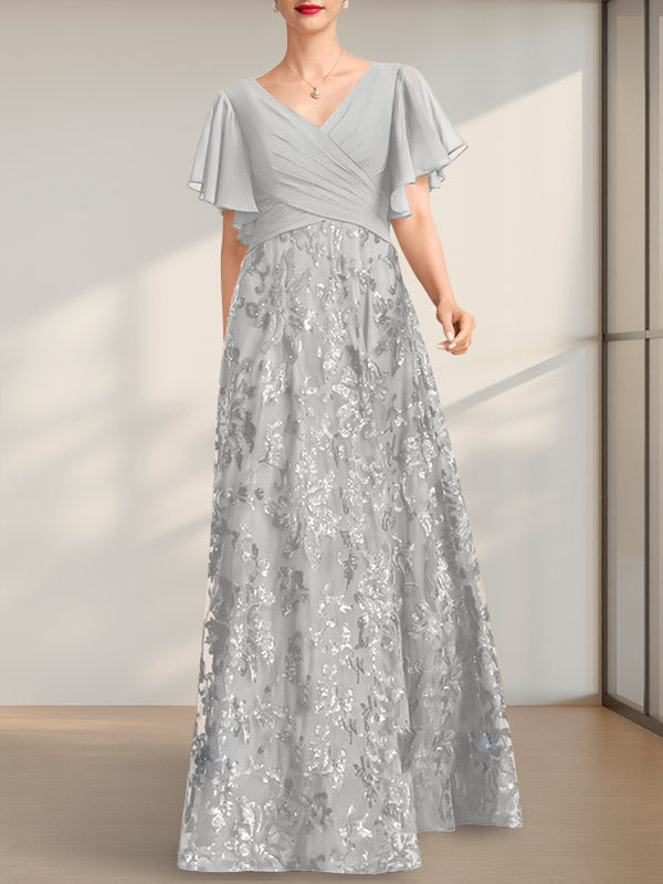 A-Linie V-Ausschnitt Bodenlang Spitze Pailletten Chiffon Mutter der Braut Kleid Mit Plissee
