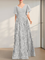 A-Linie V-Ausschnitt Bodenlang Spitze Pailletten Chiffon Mutter der Braut Kleid Mit Plissee