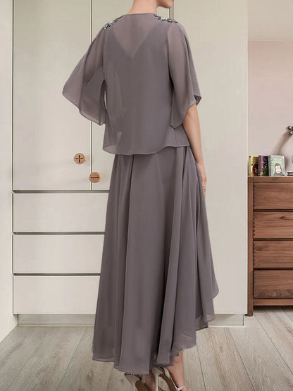 A-Linien-Kleid mit V-Ausschnitt, asymmetrischem Chiffon für die Brautmutter mit Perlen und Pailletten