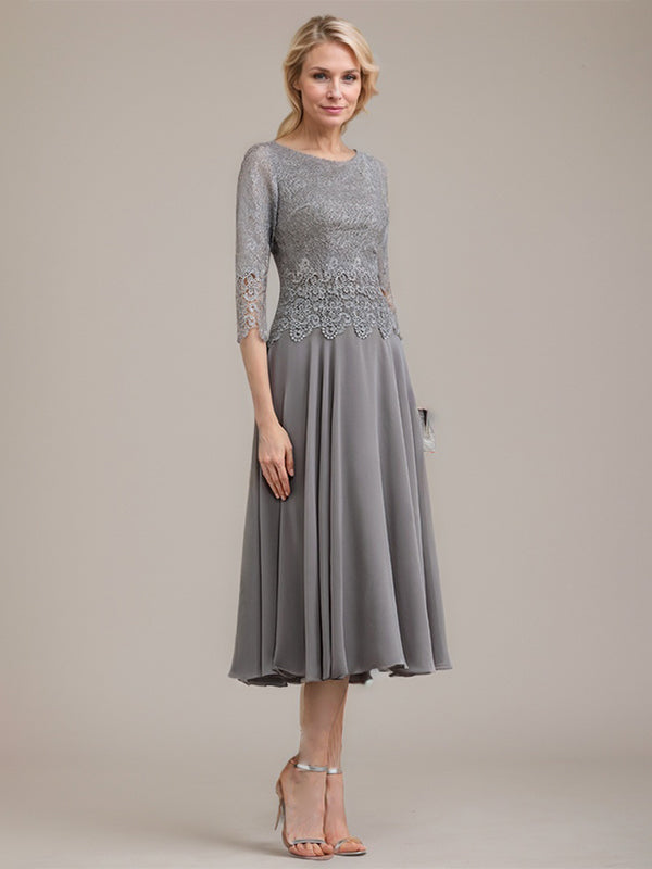 Vestido de gasa con encaje y escote redondo hasta la rodilla para madre de la novia