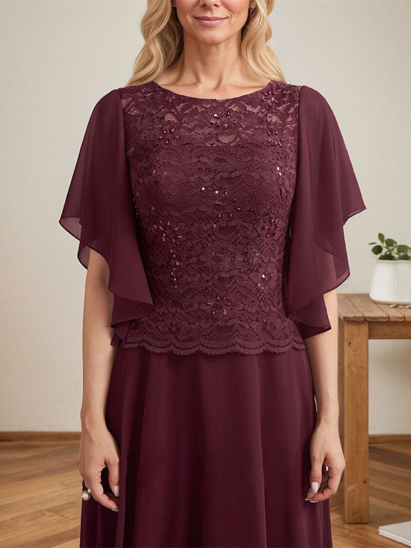 Vestido de gasa con encaje y lentejuelas para madre de la novia, corte A, escote ilusión, largo hasta el suelo