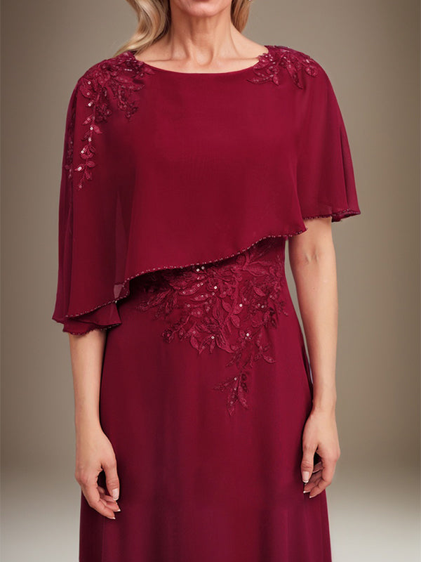 A-Linie U-Ausschnitt Bodenlang Chiffon Spitze Kleid für die Brautmutter mit Pailletten und Perlen 