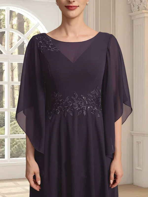 Vestido de gasa con encaje y lentejuelas para madre de la novia, corte A, escote ilusión, largo hasta los tobillos
