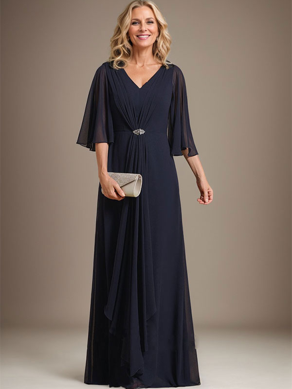 Vestido de gasa para madre de la novia, corte A, escote en V, largo hasta el suelo, con volantes en cascada y broche de cristal
