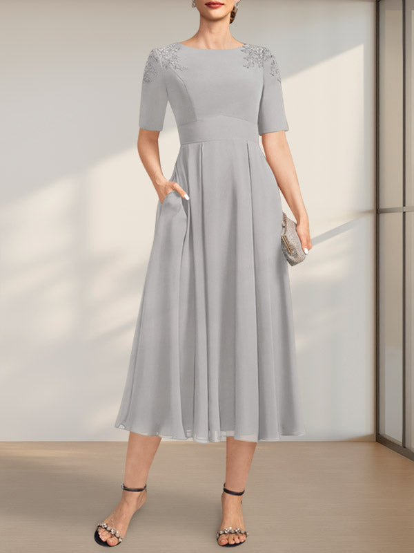 Vestido de gasa para madre de la novia, corte A, escote redondo, largo hasta la rodilla, con apliques de encaje y lentejuelas