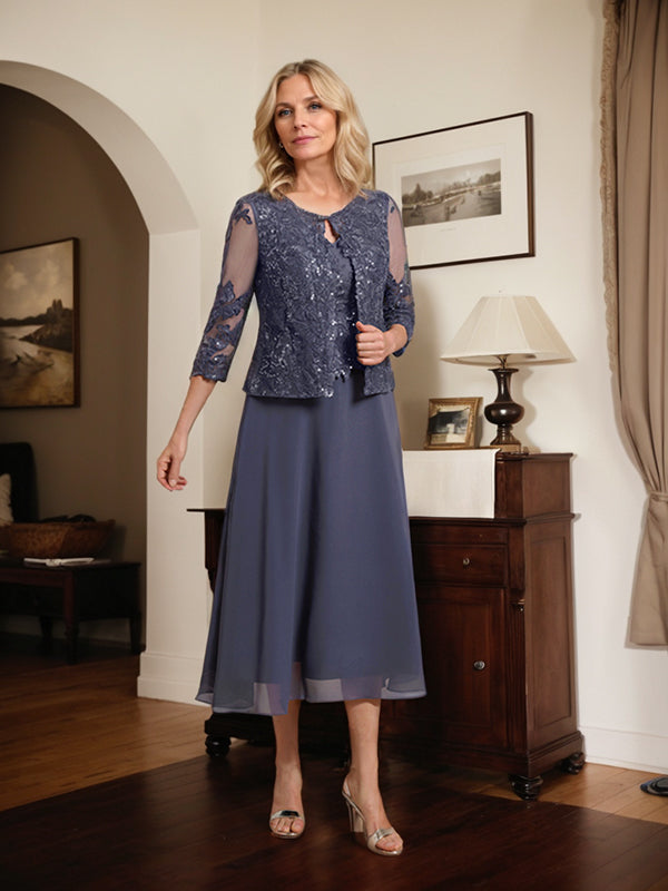 Vestido de gasa con encaje y lentejuelas para madre de la novia, corte A, escote redondo y largo hasta la rodilla