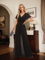Vestido de noche de gasa con escote en V y largo hasta el suelo, tipo mono/pantalón