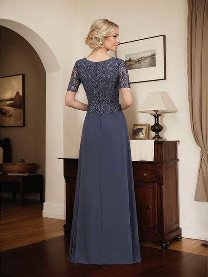 Vestido de gasa con encaje y lentejuelas para madre de la novia, corte A, largo hasta el suelo