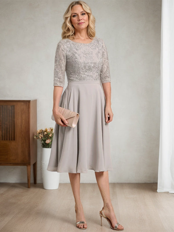 Vestido de gasa con encaje y escote redondo hasta la rodilla para madre de la novia