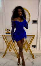 Impresionante vestido de cóctel azul rey de tul con cuentas, minivestido de fiesta, vestido de regreso a casa Y7710