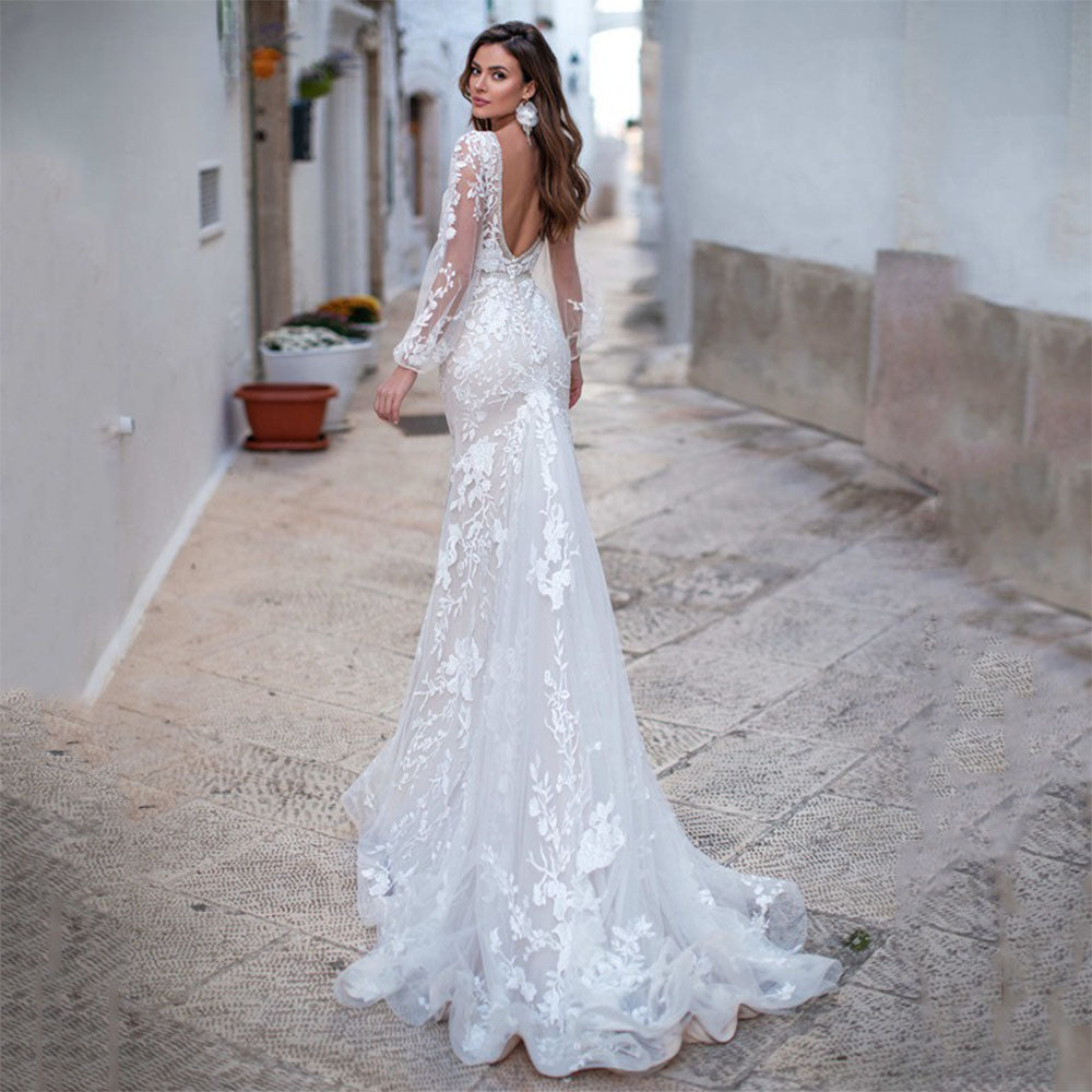 Luxury Backless Tulle Mermaid Wedding Dresses 2022 Long Sleeve Lace Appliques V-neck White Bridal Gown vestidos de novia-payinti