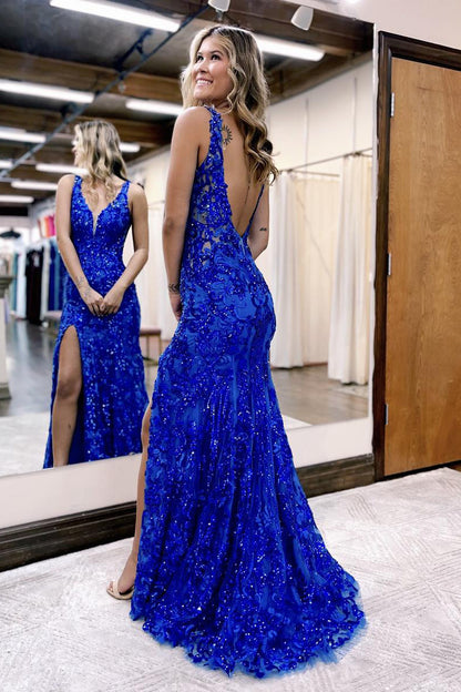 Avianna |Robe de bal sirène en dentelle pailletée à col en V et fente