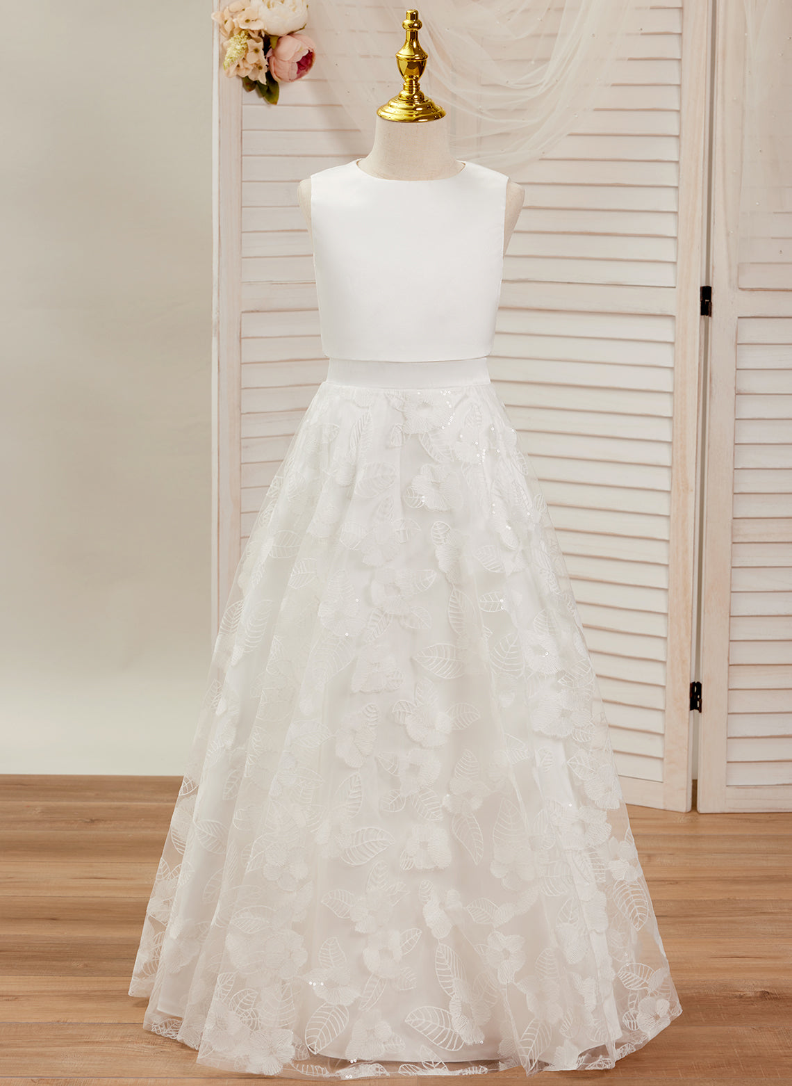 A-Linie Spitze Satin Bodenlang Elfenbein Kleid (010146741) 