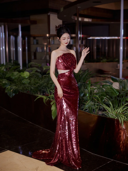 Vestido de fiesta burdeos sin tirantes con lentejuelas y rosas, vestido de noche largo estilo sirena Y8595