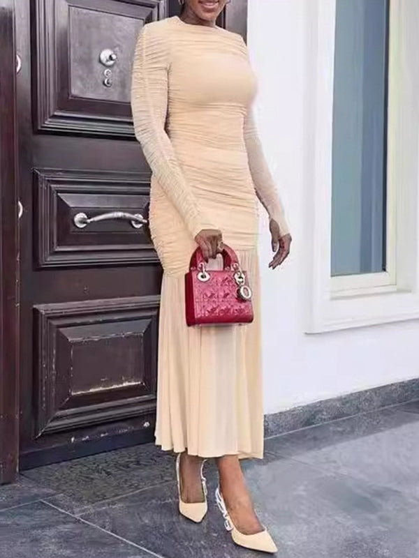 Long Sleeves Skinny Pleated See-Through Solid Color Split-Joint Round-Neck Evening Dresses Maxi Dresses