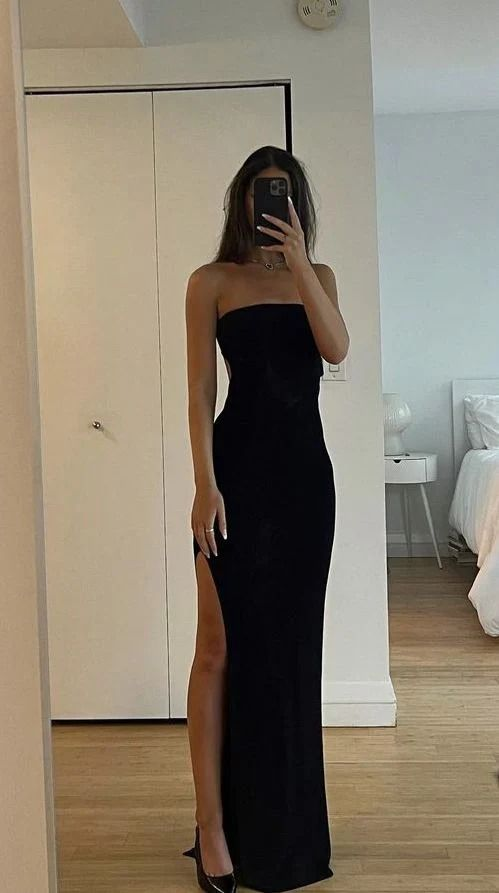 Schlichtes schwarzes trägerloses Abendkleid Ballkleid Partykleid Y7519
