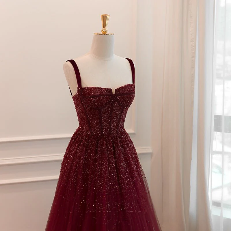Gothic Burgund Spaghettiträger Pailletten Perlen Formales Ballkleid Tüll Party Abendkleid Y7586