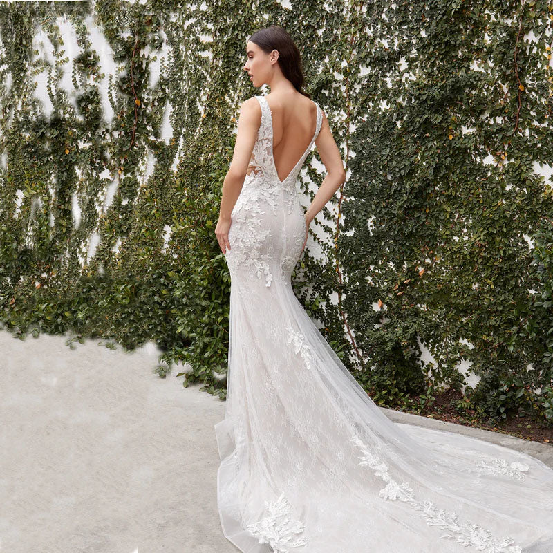 V-neck Wedding Dresses For Women 2024 Backless Mermaid Lace Appliques Floor-length Backless Customized Vestidos De Novia-payinti