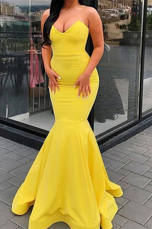 Vestido de fiesta largo de satén con escote en V, corte sirena, amarillo, sencillo y con volantes