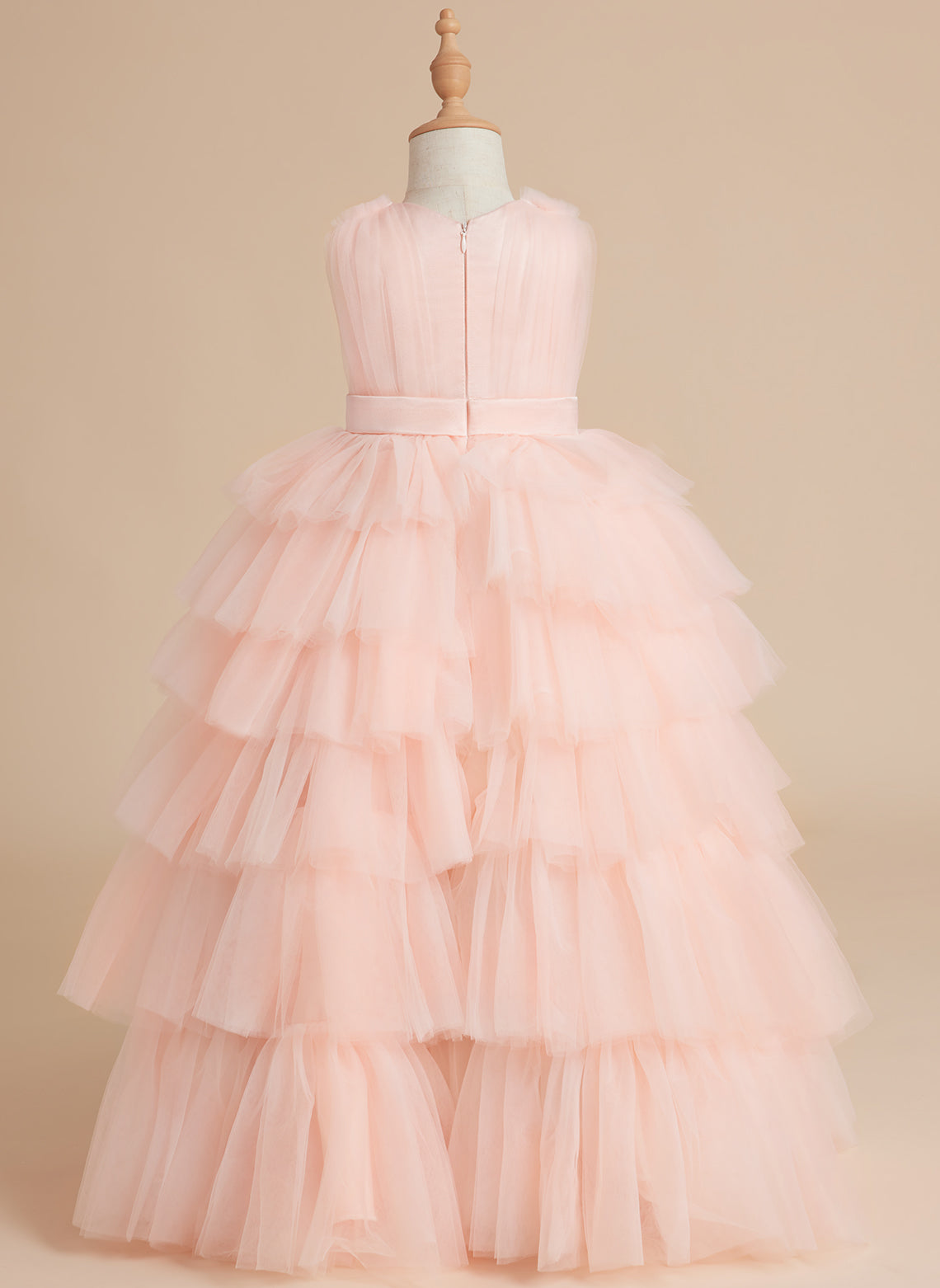 Duchesse-Linie/Princess-Linie Perlenrosa Ärmelloses Tüll-Blumenmädchenkleid mit Schleife (010220814) 