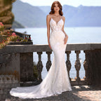 Elegant Mermaid Wedding Dress V-Neck Spaghetti Straps Lace Appliques Backless Bridal Gown Floor Length Vestidos De Novia-payinti