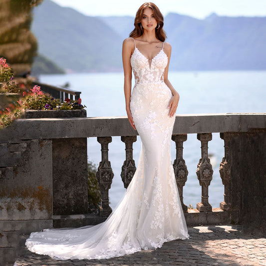 Elegant Mermaid Wedding Dress V-Neck Spaghetti Straps Lace Appliques Backless Bridal Gown Floor Length Vestidos De Novia-payinti