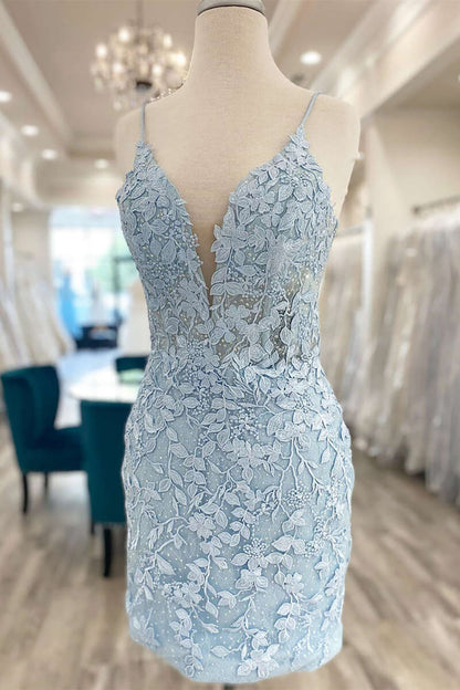 Jolies robes de soirée en dentelle bleu clair à col en V 