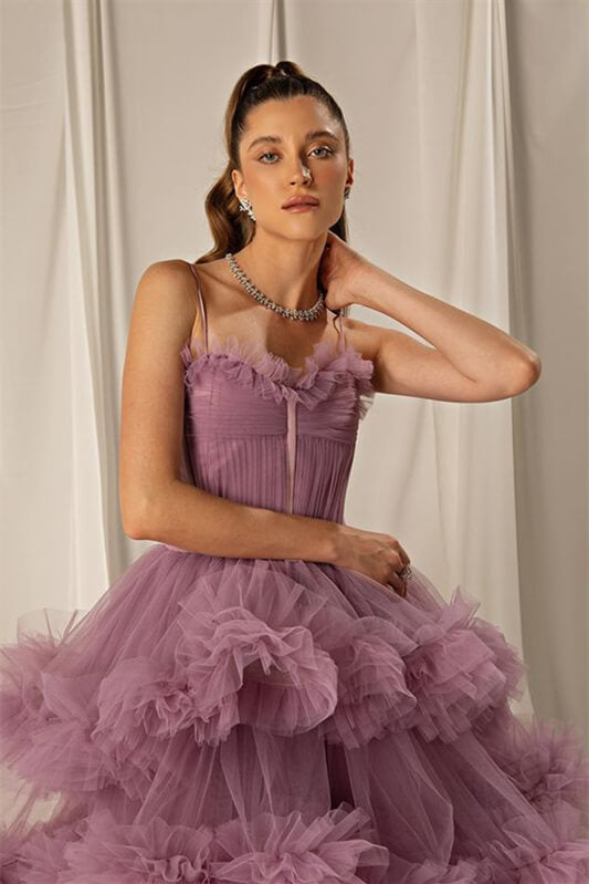 Tulle A-line Tiered Spaghetti-Straps Long Prom Dress