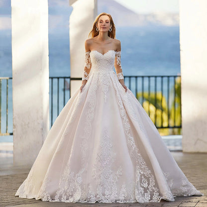 Word Wedding Dresses Women's Elegant Bohemian Beaded Sweetheart Princess Off Shoulder Long Sleeve Lace Applique Bride Gowns-payinti