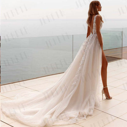 Popular V-neck Lace Applique A Line Wedding Dresses Backless Side Slit Custom Made Formal Bridal Grown 2024-payinti
