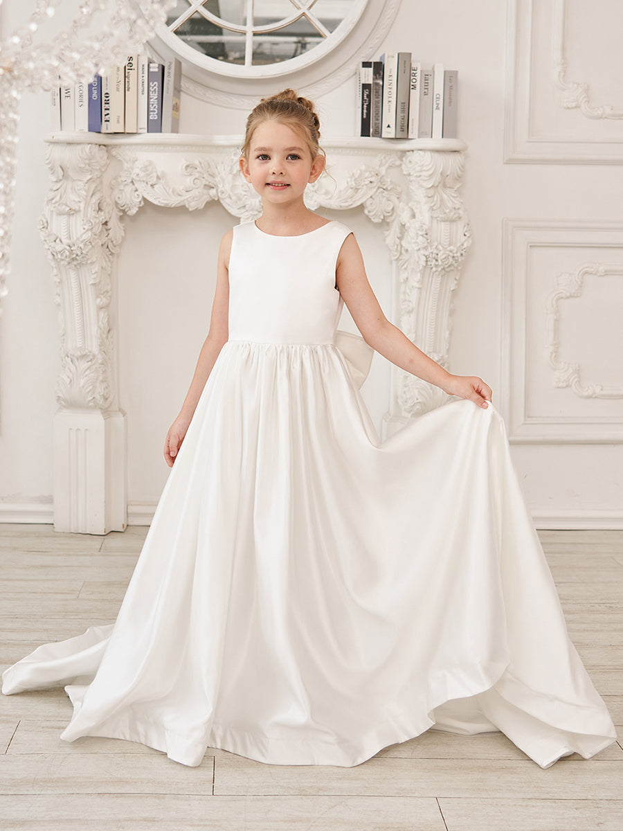 A-Linie Prinzessin Ärmelloses Satin Blumenmädchenkleid mit Schleppe und Schleife 