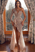 Vestido de fiesta formal de sirena con lentejuelas, mangas largas y un hombro con abertura