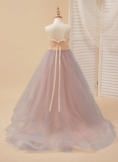 A-line Satin Tulle Sweep Train Champagne Dress (010226776)