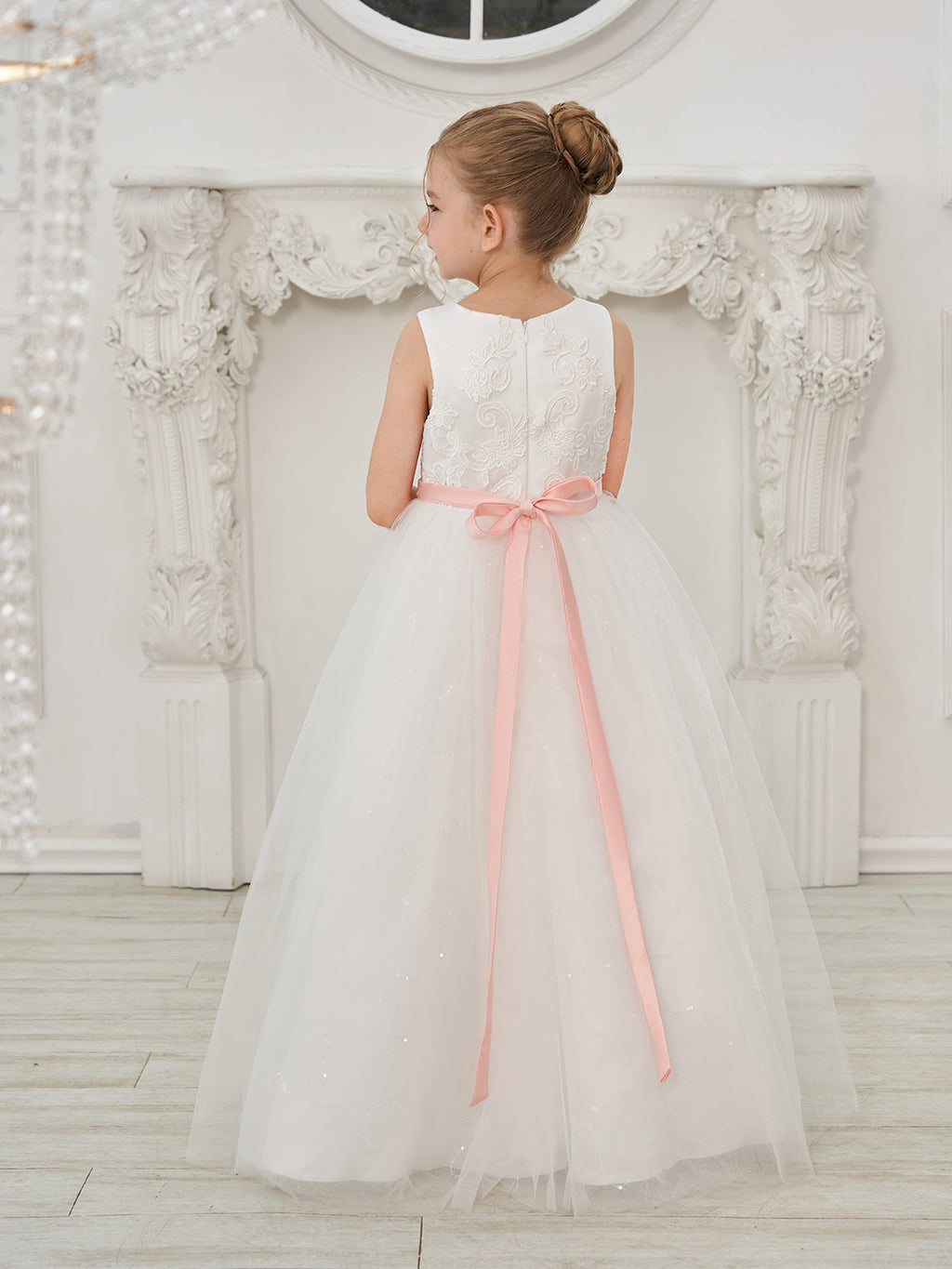 Duchesse-Linie/Princess-Linie Tüll Bodenlang Elfenbein Blumenmädchenkleid 