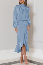 Elegant Solid Flounce Fold Turtleneck Evening Dress