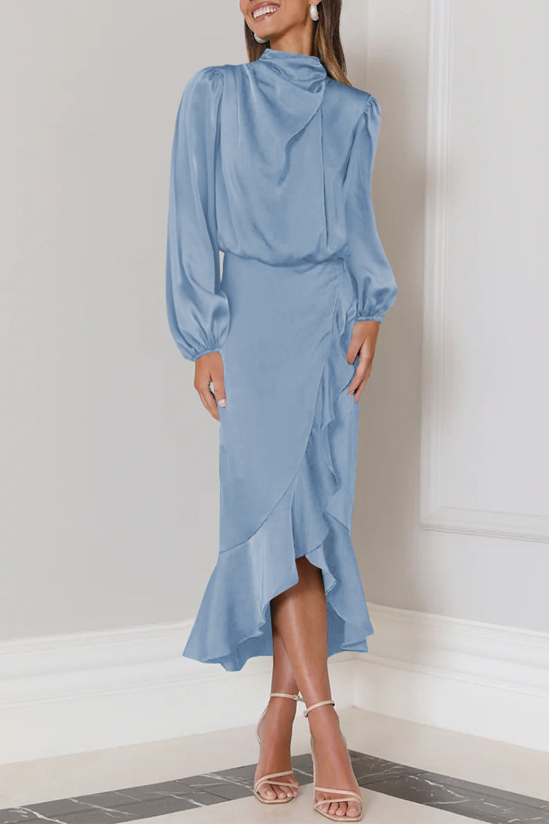 Elegant Solid Flounce Fold Turtleneck Evening Dress